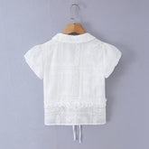 LIZAKOSHT - Sweet White Embroidery Hollow out Flower Lace Short Puff Sleeve Shirt Women Peter Pan Collar Lacing Up Tie Bow Front Crop Tops