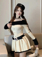 LIZAKOSHT - Women Knitted Mini Dress Autumn Hottie Slash Neck Patchwork Fashion Camisole Dresses Off Shoulder Belt Button Casual Vestidos