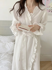 LIZAKOSHT - Cotton Bathrobe Women Ruffles Long Sleeve Korean Sweet Kimono Robe Elegant Spa Lady Spring Autumn Home Dressing Gown Pajamas
