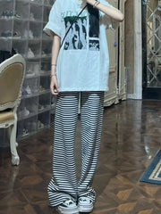 LIZAKOSHT - Casual Women Fashion Black Striped Drawstring Wide Leg Trousers Summer Vintage High Waist Female Chic Bottoms