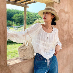 LIZAKOSHT - O-neck Casual Lace up Loose lazy top lantern Long Sleeve White Blouses For Women Cotton Boho Beach Casual Blouse Holiday shirts