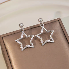 Lizakosht Korean Fashion Pearl Crystal Hollow Star Drop Hanging Earrings for Women Geometric Pendants Female Jewelry Party Birthday Gift