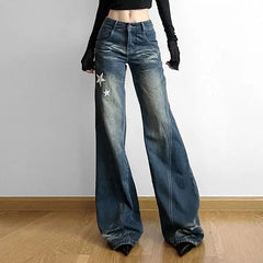 LIZAKOSHT - bell-bottoms Embroidered Star American Retro Women Street Y2K Jeans Wide Leg Loose Stripe All-match Mopping Pants Fashion Street