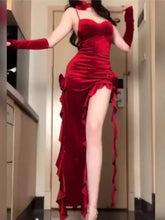 LIZAKOSHT - Sexy Bodycon Irregular Ruffles Velvet Red Dresses for Women Spaghetti Strap Evening Party Dress Autumn High Split Vestidos New