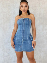 LIZAKOSHT - Summer Y2k Streetwear Denim Strapless Bodycon Mini Dress Midnight Clubwear For Woman 2024 Sexy Backless Zipper Short Dress
