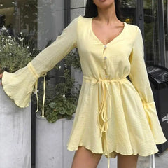 LIZAKOSHT - Autumn New American Cute Drawstring Flared Sleeve V-neck Dress for Women Lace-up Daily Long-sleeved Dress for Age Reduction