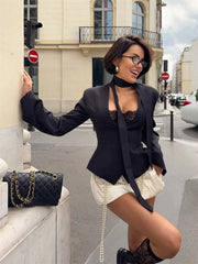 LIZAKOSHT - Fashion V-Neck Elegant Blazers Coat Women Commute Patchwork Lace-Up Solid Autumn New Clothes Female Outwear jacket