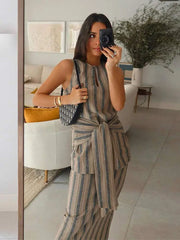 LIZAKOSHT - Women Striped Midi Skirt 2 Pieces Set With Belt Casual O Neck Sleeveless Top Skirts Suit 2024 Fashion Lady Vacation Party Outfit