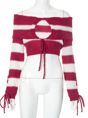 LIZAKOSHT - Knitted Sexy Off Shoulder Striped Women Sweater Red Long Sleeve Lace Up Sweater Female Autumn New Casual Streetwear