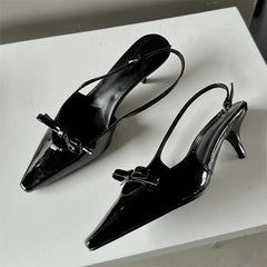 LIZAKOSHT - Patent Leather Bow Sandals Women Pumps Pointed Toe Low Heel Slingback Shoe Ladies Shallow Fashion Elegant High Heels Dress Shoes