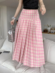 LIZAKOSHT - Midi Long Skirt Womens Pink Plaid Skirt Spring Summer Korean Casual High Waist Ladies Lolita Pleated Skirt rok