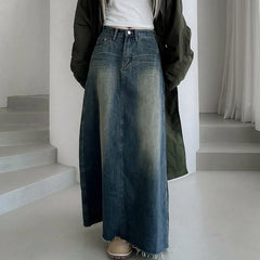 LIZAKOSHT - Women's Basic Long Ankle Length Denim A-Line Panel Skirt Classic Womens Elastic Skirts Blue Jean For Women Y2K Streewear Style