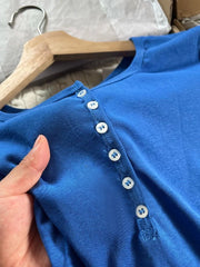 LIZAKOSHT - Six Buttons Royal Blue Long Sleeve T-shirts Women Autumn O-neck Cotton Slim Tee Tops New Preppy Style Solid Simple Basic Tshirts