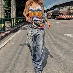 LIZAKOSHT  -  Fashion Women Washed Denim Cargo Pants Pockets Chain Print Straight Jeans Loose Trousers Cool Hiphop Lady Baggy Pants Streetwear