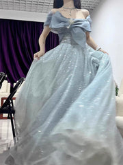 LIZAKOSHT - Grey Blue Evening Dress A-line Off The Shoulder Lace Up Shiny Sequined Bow Strapless Beading Backless Celebrity Prom Gowns New