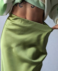 Silk Satin Skirts for Women Summer Casual Style A-line Solid Color Elastic High Waist Side Slit Champagne Skirt