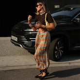 LIZAKOSHT - Y2K Vintage Plaid Printed Loose Pants Women Boho Ramie Bloomers Female Fashion Versatile Drawstring Streetwear Casual Trousers