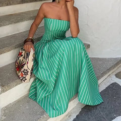 LIZAKOSHT - Women's Casual Pocket Summer Vacation Dress Sexy Strapless Sleeveless Waist Long Dress Striped Print Draped Pocket Elegant Dress