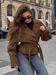LIZAKOSHT - Vintage Suede Coats Women Aututmn Winter Turn-down Collar Brown Outerwears with Belt Office Lady Double Breasted Jackets