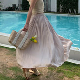 LIZAKOSHT - Summer Silky Elastic High Waist Glossy Silky Long Skirt Milk Silk A-line Long Skirts Women Beach Pearlescent Dress