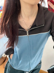 LIZAKOSHT  -  Korean Hippie Blue Zip Up Sweatshirt Women Harajuku Kpop Oversize Hoodie Female Tracksuit  Streetwear Patchwork Tops