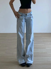 LIZAKOSHT  -  Light Blue Low Waist Jeans for Woman Fashion Vintage High Street Washed Straight Trousers Autumn American Streetwear Denim Pants