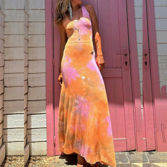 LIZAKOSHT - Elegant New Slim Retro Holiday Female Dress 2024 Summer Graphic Cross Backless Party Dress Sexy U Neck Sleeveless Long Dress