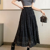 LIZAKOSHT - Autumn Elegant A-line Slim fit Half Skirt for Women Korean Style Mesh Wooden Ear Edge Splicing Chiffon Women's Half Skirt