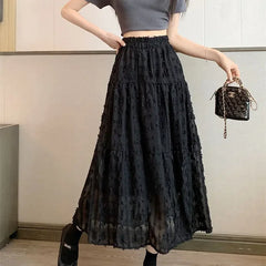 LIZAKOSHT - Autumn Elegant A-line Slim fit Half Skirt for Women Korean Style Mesh Wooden Ear Edge Splicing Chiffon Women's Half Skirt