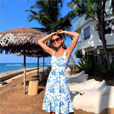 LIZAKOSHT - Vintage French Bird Floral Print Tank Dress Women V neck Slim Waist Folds Ruffles Hem Midi Long A-line Swing Dresses Vestidos
