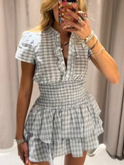 LIZAKOSHT - Plaid Waist Cinching A-line Dress Women Casual Short Sleeve V-neck Layered Pleated Mini Dresses Lady Holiday Street Robes