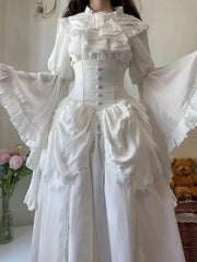 LIZAKOSHT - White Gothic Style Lolita Ji Sleeve Shirt Fishbone Skirt Suit for Women