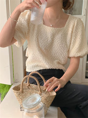 LIZAKOSHT - Summer Blackless Casual Blouses Women Chic 2024 Short Puff Sleeve Loose Gentle Office Lady High Street Blusas