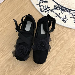 LIZAKOSHT - New Fashion Flower Square Toe Shallow Shoes Women Buckle Vintage Suede 2024 Autumn Women's Party Comfort Ballerinas Shoes