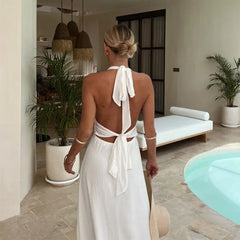 LIZAKOSHT - New Hanging Neck V-neck Strap Backless Slit Dress Temperament Long Skirt One-step Skirt for Women