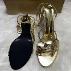 LIZAKOSHT - Luxury Gold Leafs High Heels Party Wedding Shoes for Women Sexy Ankle Strap Brand Dress Stilettos Open Toe Ladies Modern Sandals