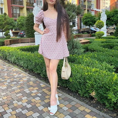 LIZAKOSHT - Summer Sweet Floral Printing French Party Dress Female Sexy Square Collar Backless Lace-up Dresses Fashion Puff Sleeves Skirts