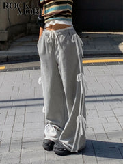 LIZAKOSHT - Casual Lace Patchwork Sweatpants Harajuku Wide Leg Gray Pants Y2k Streetwear Solid Trousers Korean Loose Ckothing 2024