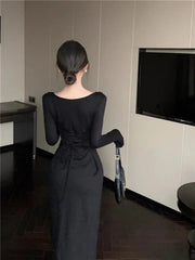 LIZAKOSHT - V-neck Lotus Leaf Dress Women's Strappy Waist Long-sleeved Gentle Style A-line Long Skirt