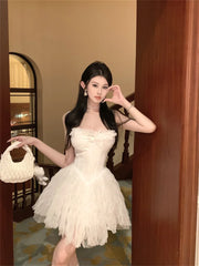 LIZAKOSHT - Sexy and Sweet Birthday Dress for Women Fashion Sleeveless Square Neck Corset Slim Flare Puffy Party Dresses Summer Dress White