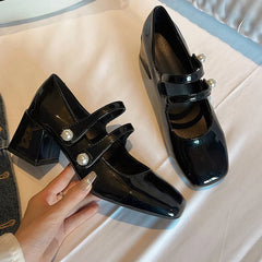 LIZAKOSHT - Nude Patent Leather Mary Janes Shoes Retro Square Toe Chunky Heeled Buckle Strap High Heels Fashion Small Leather Ladies Pumps