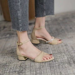 LIZAKOSHT - Summer 2024 Block Heel Sandals for Woman Chunky Women's Shoes with Medium Heels Footwear Office Work Diamond Rhinestones Thick H