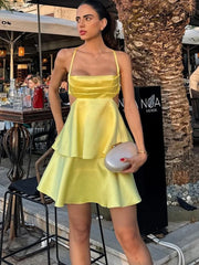 LIZAKOSHT - Sexy Yellow Satin Women Mini Dress Fashion Backless Sleeveless Pleated A-line Dresses 2024 Summer Lady Party Evening Robes