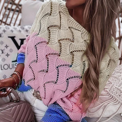 LIZAKOSHT  -  Autumn Elegant O-neck Pullover Sweaters Fashion Color Splicing Hot Sale Knitted Top Winter Women Casual Long Sleeve Loose Jumper