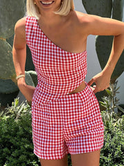 LIZAKOSHT - Women Casual 2 Piece Shorts Suits Summer Sleeveless One Shoulder Back Tie Up Tank Tops + High Waist Loose Shorts Sets Loungewear