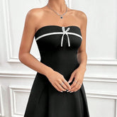 LIZAKOSHT - Bow Backless Sexy Mini Dress Women Elegant Party Off Shoulder High Waist Casual Slim Fit Strapless Contrasting Gowns Summer