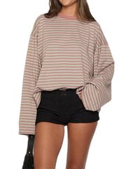 LIZAKOSHT - Elegant Striped Tops For Women O-neck Full Sleeve Loose Shirts 2025 Summer Fashion Female Daily Casual Oversize Outerwear