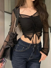 LIZAKOSHT - Women T-Shirts Y2K Irregular Crop Tops Female Hotsweet Fashion Slim 2 Piece Set Ladies Sexy Spicy Girl Basic Tight T Shirt