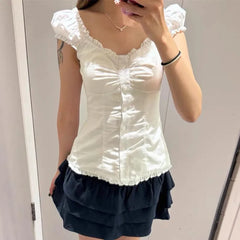 LIZAKOSHT - Women Y2k Fairy Coquette Shirt Cute Puff Short Sleeve Button Down Frill Trim Smocked Tops Aesthetic Grunge Streetwear