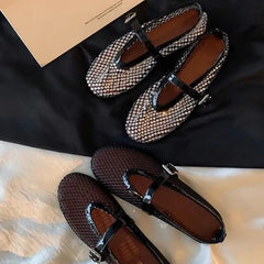 LIZAKOSHT  -  Summer Fashion Designer Rhinestones Round Toe Mary Janes Women Flat Mesh Sandals Buckle Strap Comfortable Outdoor Dress Shoes